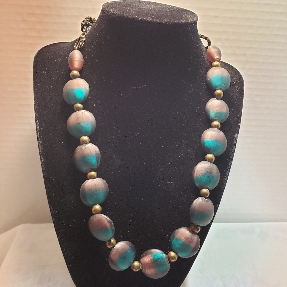 Beautiful Vintage Coldwater Creek Turquoise and Purple Satin Glass Necklace